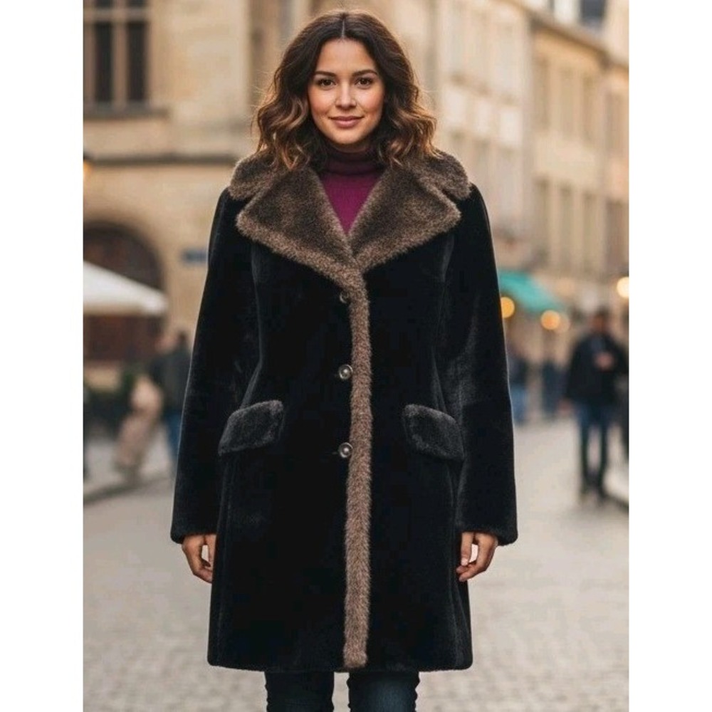 VTG Glenorba Glenoit Faux Fur Coat Women's M? Black Brown Trim Winter Cozy USA